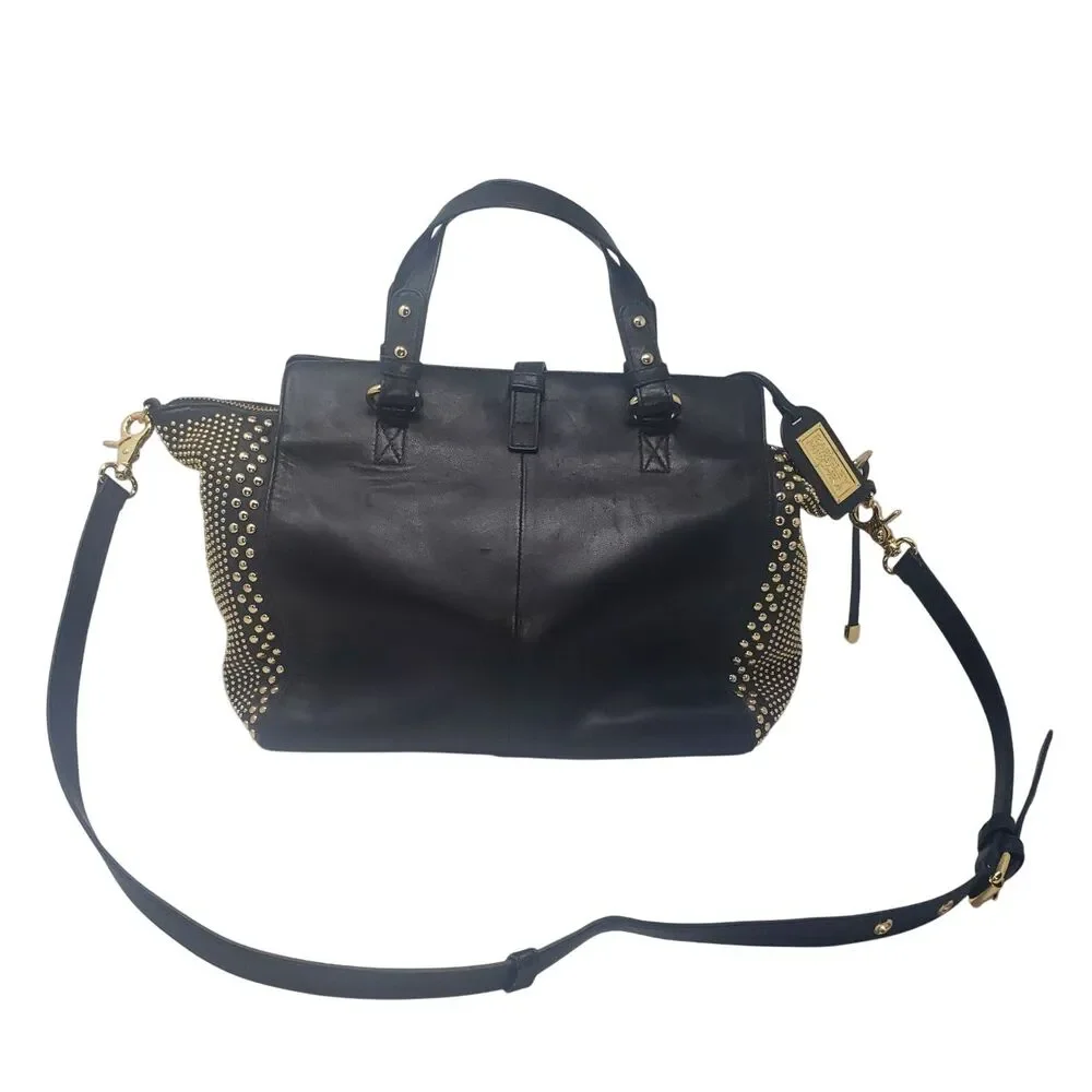 Badgley Mischka Leather Satchel Womens Black Studded Gold Hardware Crossbody